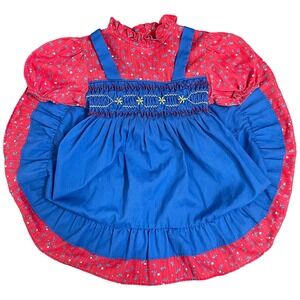Vintage JM Rags Girls Smocked Circle Dress 5 Red Blue‎ Floral Ruffle Cottagecore